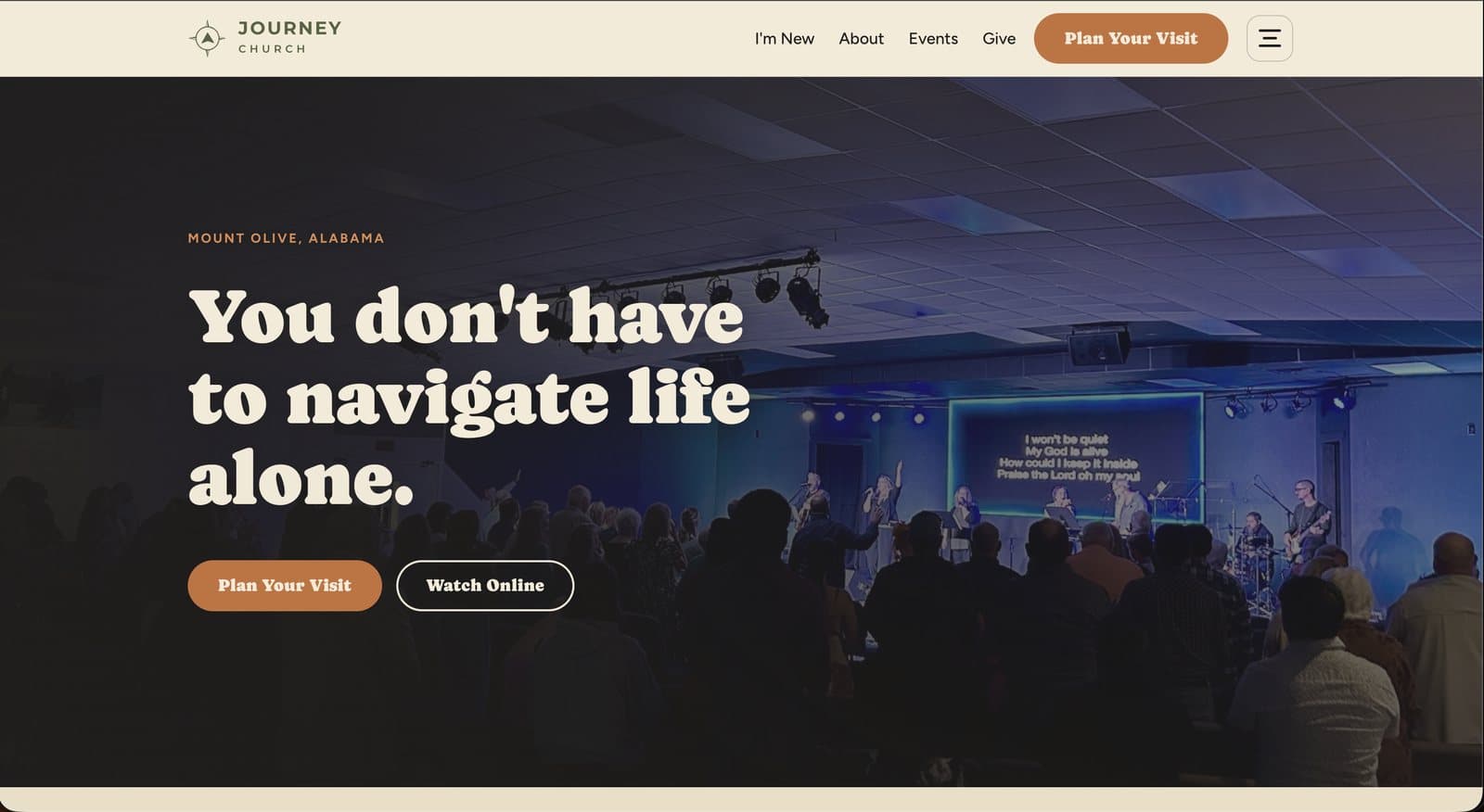 The Journey Church home page: a Sunday service photo behind the words Mount Olive, Alabama, with Plan Your Visit and Watch Online buttons