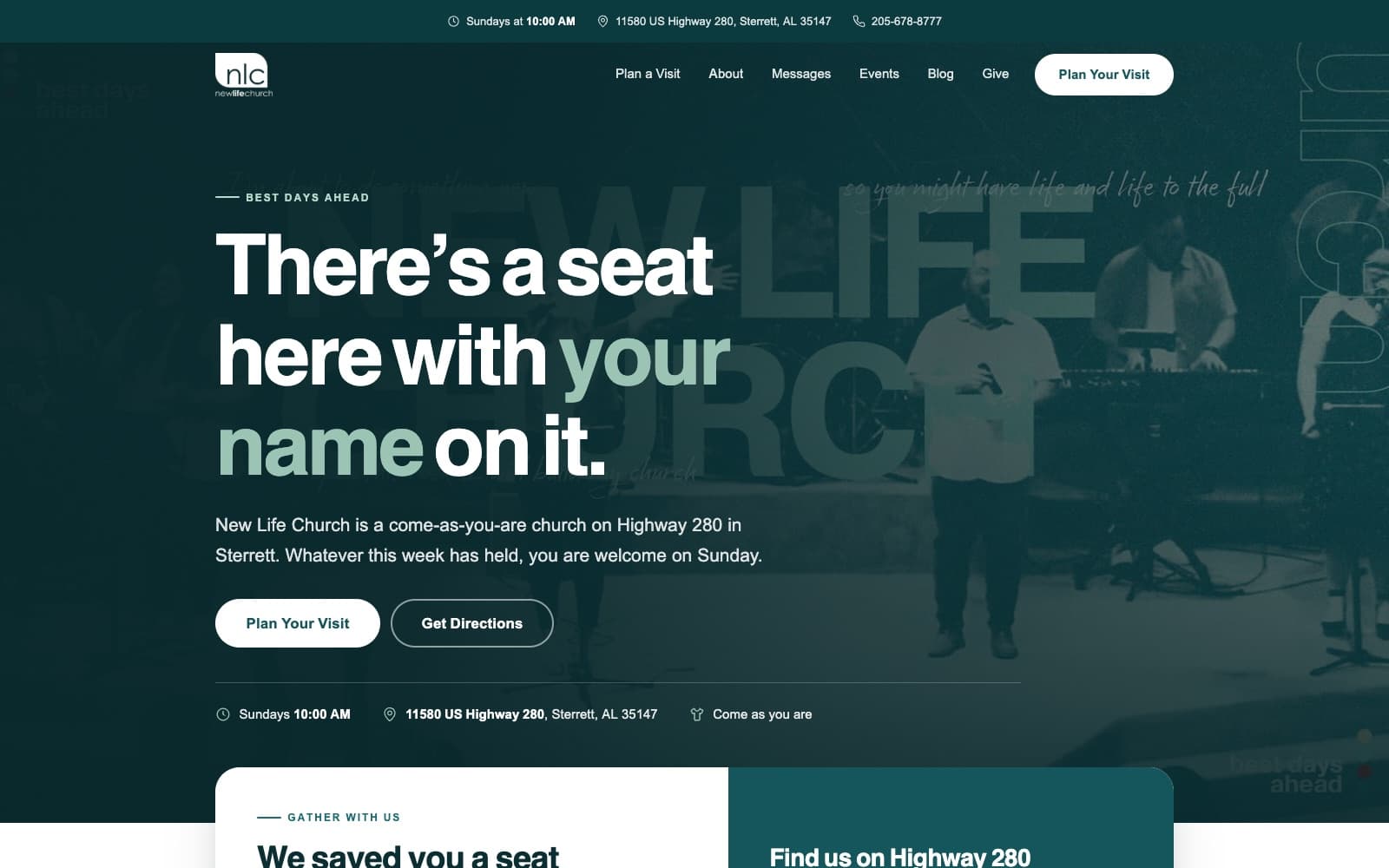 The New Life Church home page: a teal photo of the band behind the headline There's a seat here with your name on it